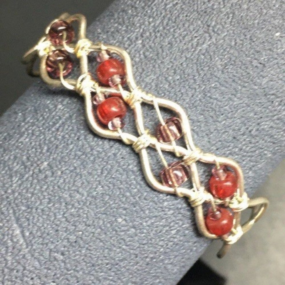 Woven Cuff Bracelet Silver Wire Red Amber Translucent Retro Boho Soft Girl